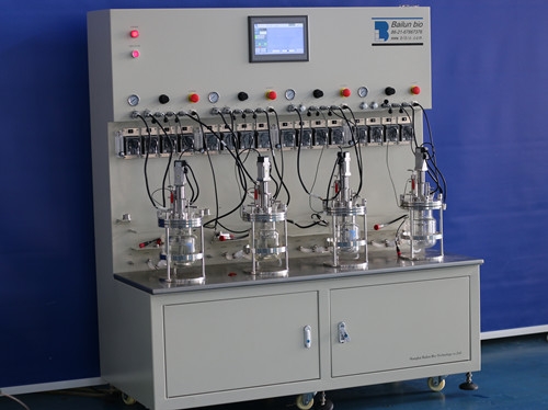 four conjoined  glass fermenter|bioreactor